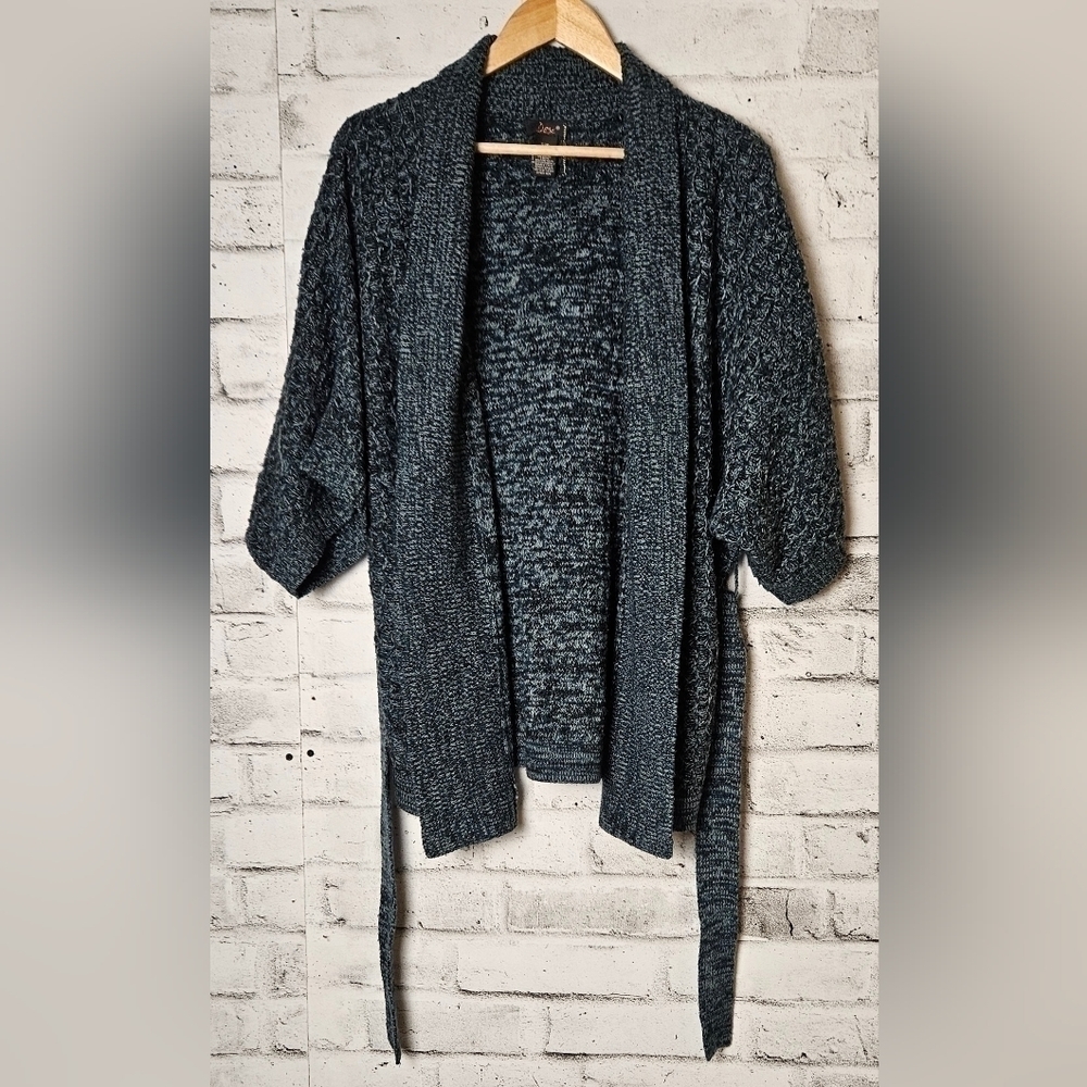 Dex Belted Knit Cardigan Blue Green Open Front Cozy Layering Sweater